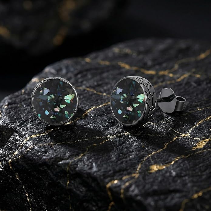 Black Stud Earrings Abalone Shell/Black Onyx/Malachite/Turquoise Round Earrings Jewelry Mothers Day Birthday Gifts for Men Women