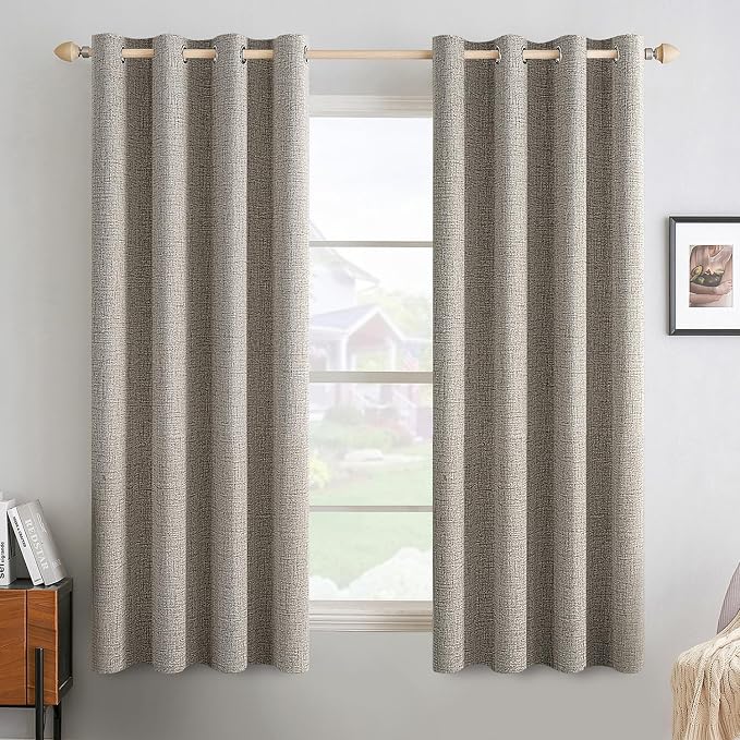 MIULEE Linen Curtains for Bedroom Solid 100% Blackout Thermal Insulated Greige Curtains Grommet Room Darkening Drapes for Living Room 52x63 Inch (2 Panels)