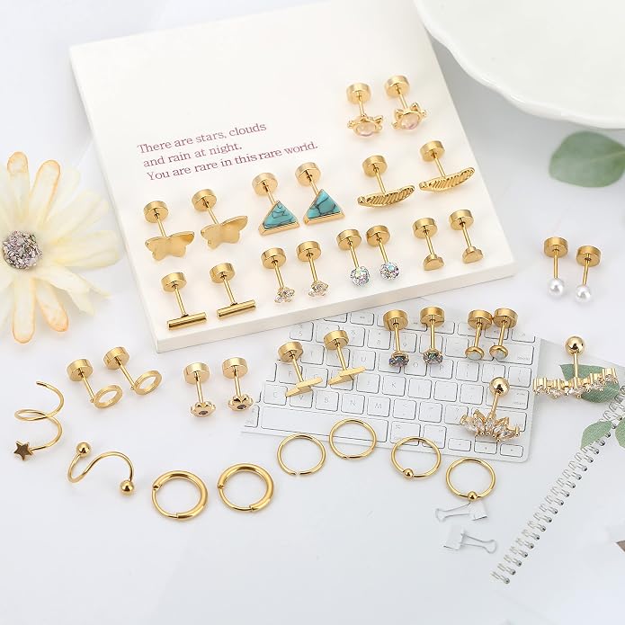 MJust 18 Pairs Women‘s Hypoallergenic Flat Back Stud Earrings, 20g Stainless Steel Earrings Sets for Men, Tiny Unisex Screw Back Cartilage Earrings.
