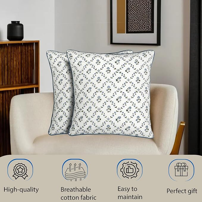 Ridhi Block Print Powder Blue Pillow Cover 24" x 24" (Pack of 2) Decorative Couch Pillows for Living Room, Farmhouse Chic Boho Cute Outdoor Pillows Covers Gifts for Spring, Mother's Day