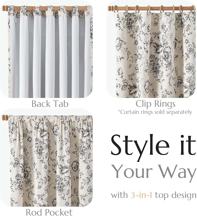 jinchan Floral Linen Blackout Curtains Lined 102 Inch Back Tab 2 Panels | Blackout lining, room darkening drapes, farmhouse, vintage, cottagecore, rustic, bedroom, living room, window treatment