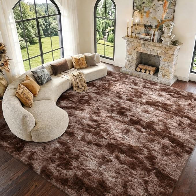 10x14 Extra Large Shaggy Area Rugs for Living Room Decor, Non-Slip Tie-Dyed Rugs for Bedroom Kids Playroom Dorm Room, High Pile Ultra Soft Carpet, Brown