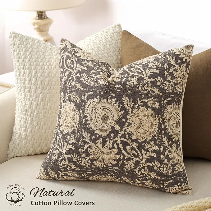Vintage Floral Print Throw Pillow Covers 24x24 Set of 2 Neutral Modern Farmhouse Pillowcases Accent Decorative Cushion Covers Boho Home Decor for Couch Sofa Chair Bed Living Room, Rustic Gray