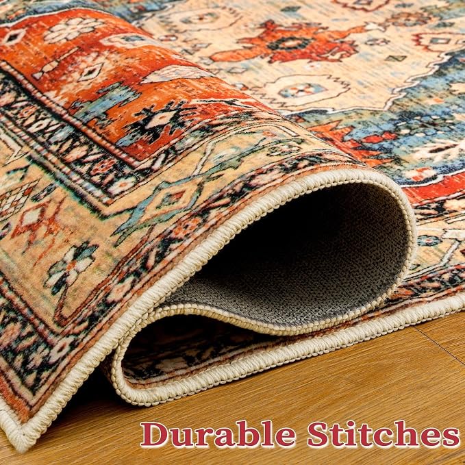 SERISSA Bedroom Rug 4x6 Boho Tribal Rug, Vintage Washable Area Rugs Non Slip, Ultra Soft Print Distressed Low-Pile Throw Carpet for Bedroom Nursery Dorm Kitchen Living Room Decor