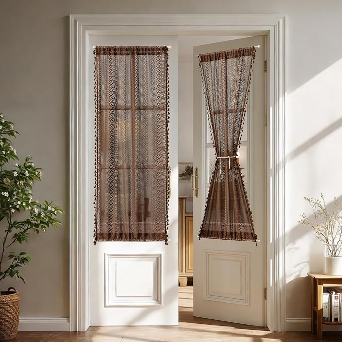 Sutuo Home Dark Coffee French Boho Door Curtains for Front Door Glass & Sidelights, Farmhouse Light Filtering Bohemian Tassels Vintage Privacy Drapes for Door Window, Rod Pocket 2 Panels 25" W x 72" L