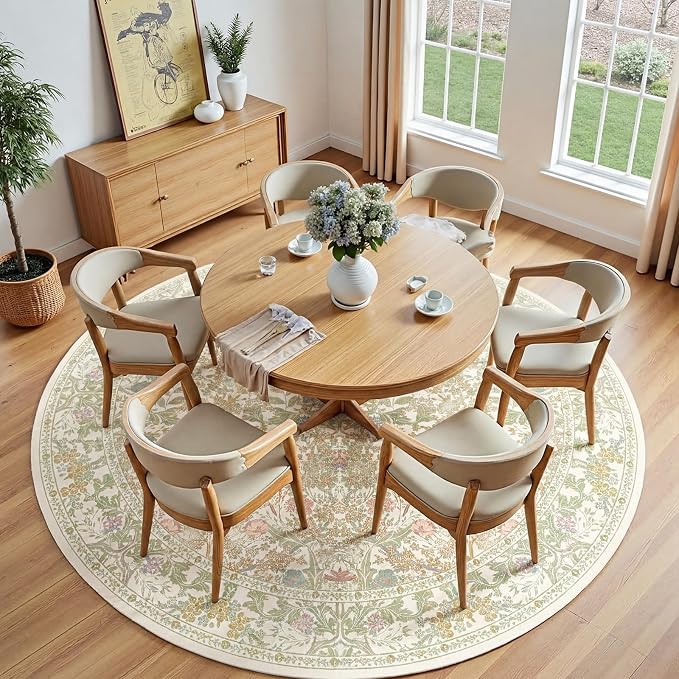 Lunasun Sage Green Large Round Rug for Living Room - 8ft Circle Area Rug for Bedroom, Kids Room, Home Office, Foyer, Non Slip Washable Botanical Floral 8 x 8 Décor