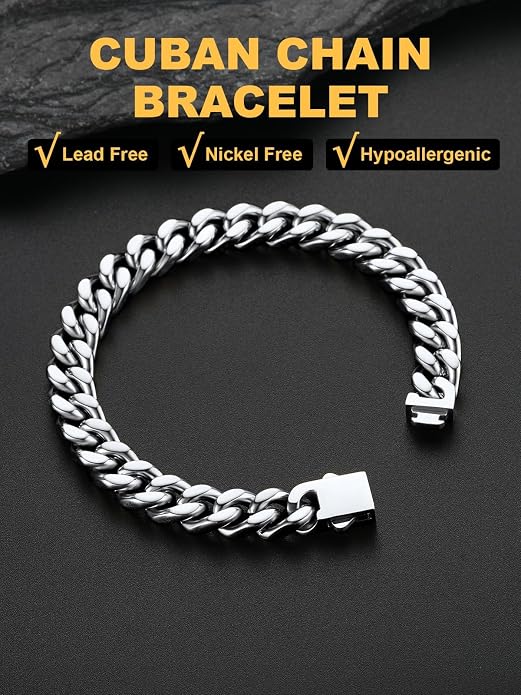 U7 Cuban Link Bracelets for Men Stainless Steel Wrist Bracelet Silver Black Gold Cuban Hand Chain Bracelet for Mens Women, 5/7/9/12mm Width, 7.5/8.3/9 Inch Length Classic Jewelry with Box Packed