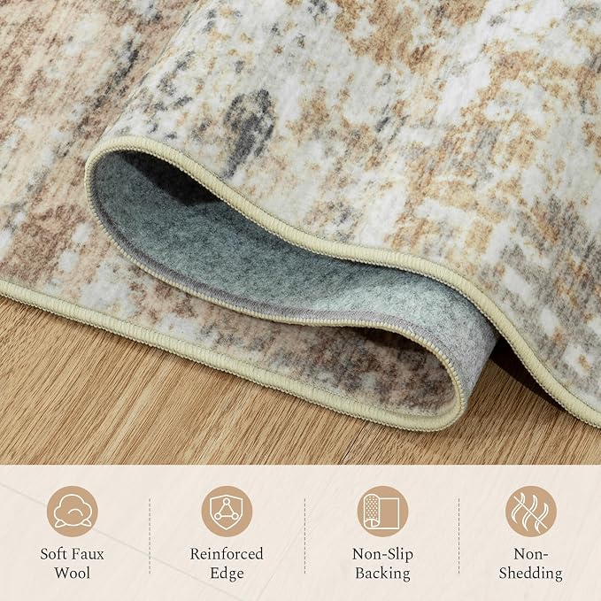 Rugflix 5x7 Area Rugs for Living Room, Washable Large Rug Stain-Resistant Low Pile, Modern Neutral Carpet for Dining Room Home Office Kid Room Nursery Bedroom, Gold/Beige/Grey