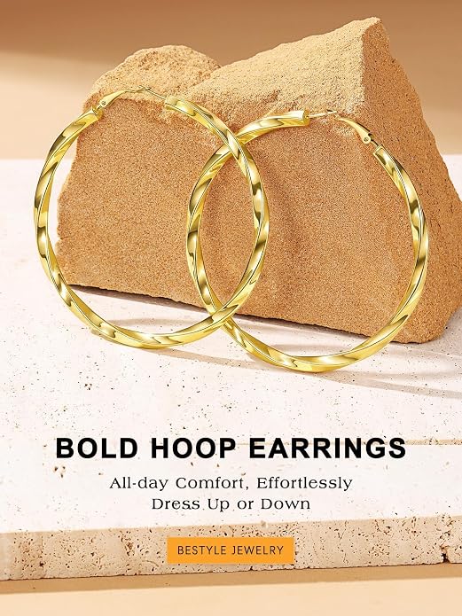 Bestyle 5mm Thick Gold Hoop Earrings Hypoallergenic Hoops for Sensitive Ears Trendy Lightweight Chunky Earrings for Women 30/40/60/80mm