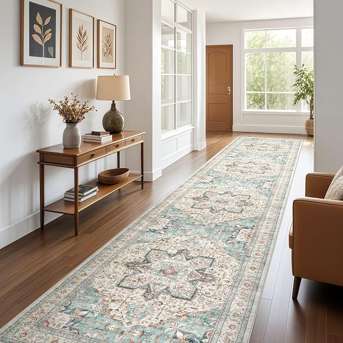 Tortania Area Rug 3x10 Runner Rugs - Washable Vintage Oriental Farmhouse Thin Indoor Carpet for Living Room Bedroom Hallway Entryway Kitchen Under Dining Table Home Office - Aqua Multi