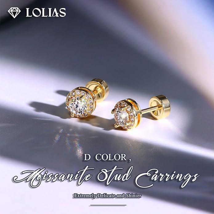 Moissanite Stud Earrings with Flat Back - 925 Sterling Silver D Color VVS1 Moissanite Earring for Women Men,14K White Gold Plated Brilliant Halo Stud Earrings Hypoallergenic Jewelry for Sensitive Ear