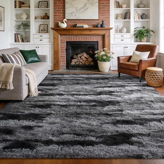Large Shaggy 6x9 Area Rugs for Living Room Decor, Non-Slip Tie-Dyed Rugs for Bedroom Kids Playroom Dorm Room, High Pile Ultra Soft Carpet, Black