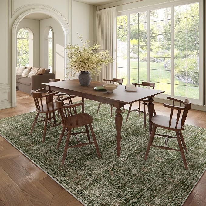 Boho Washable 8x10 Area Rugs for Living Room, Cushioned, Grass Green | Vintage Non-slip Neutral Oriental Rugs for Bedroom Dining Room Nursery Office High Traffic Area