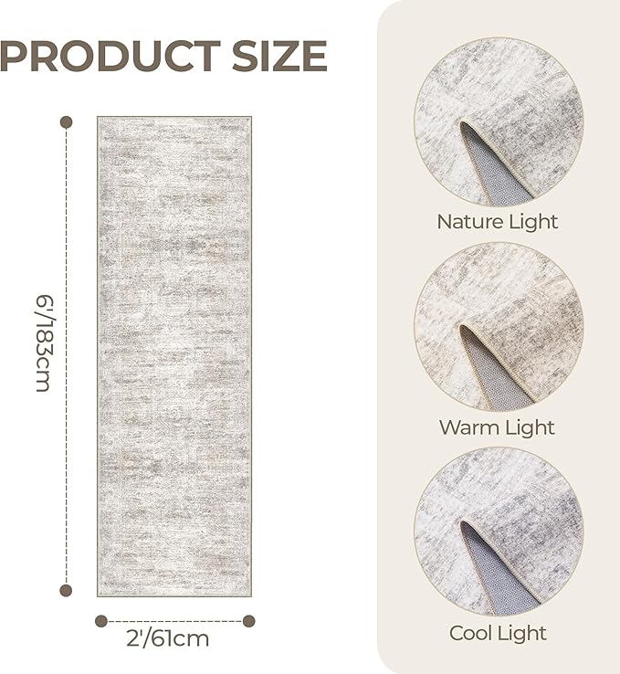 2x6 Runner Rug Non Slip,Washable Hallway Runner Rug,Taupe | Neutral Rugs for Kitchen,Entryway,Bedroom,Bathroom,Nursery Room,Thin,Soft Runner Rug,Stain Resistant Indoor Carpet