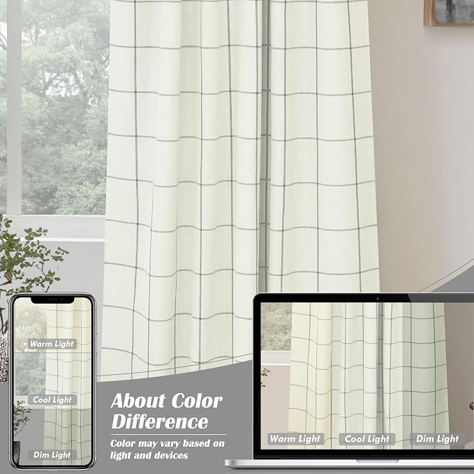 DriftAway 100% Blackout Plaid Linen Curtains 108 Inches Long 2 Panels Gray | 100% Blackout, Linen Texture, Plaid Pattern, Two Layers, Rod Pocket & Back Tab, Bedroom Living Room Use, Luxury Appearance