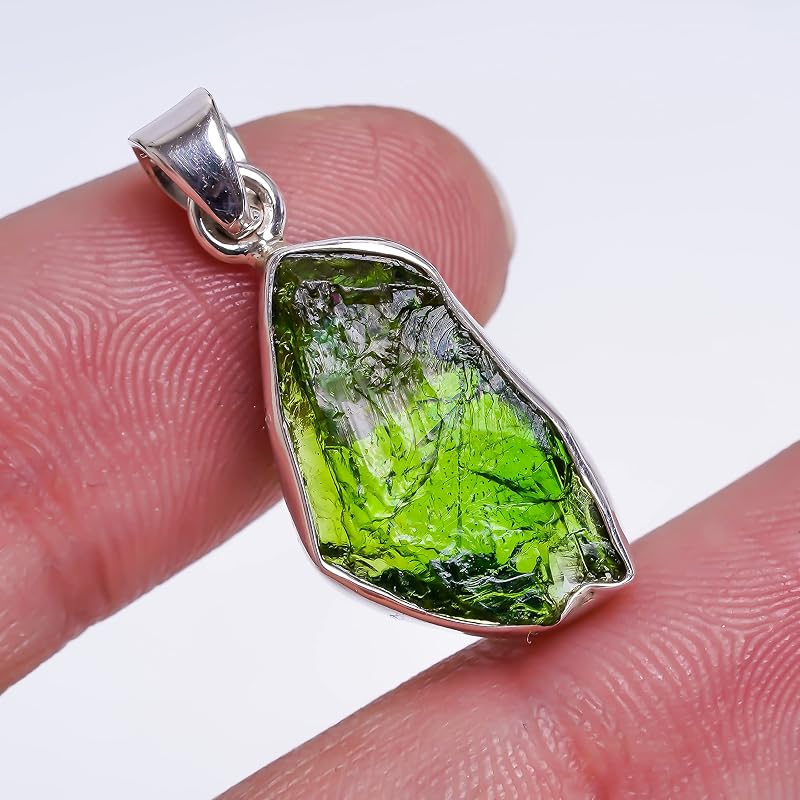 Natural Real Raw Chrome Diopside Crystals Bezel Pendant Necklace, Healing Rough Gemstone, 925 Sterling Silver Jewelry 18 inch