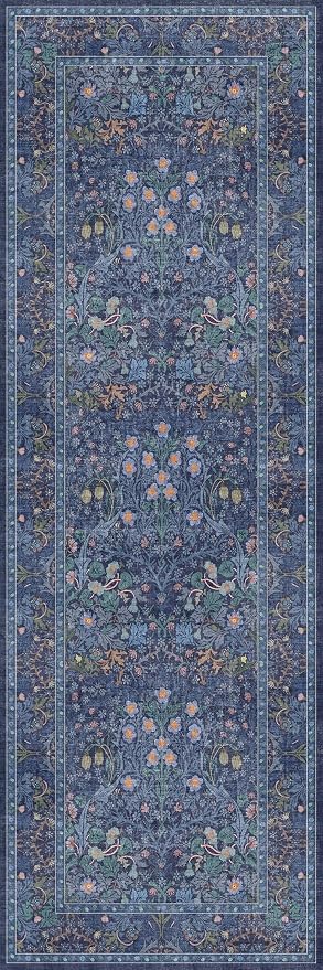 Hazo Haus Non Slip 2x6 Dark Blue Kitchen Runner Rug - Long Runner Rugs 24 x 72 Washable Hallway Floor Mat, Bedroom Laundry Room Bathroom Runner - Dusky Navy Vintage Floral Design Décor