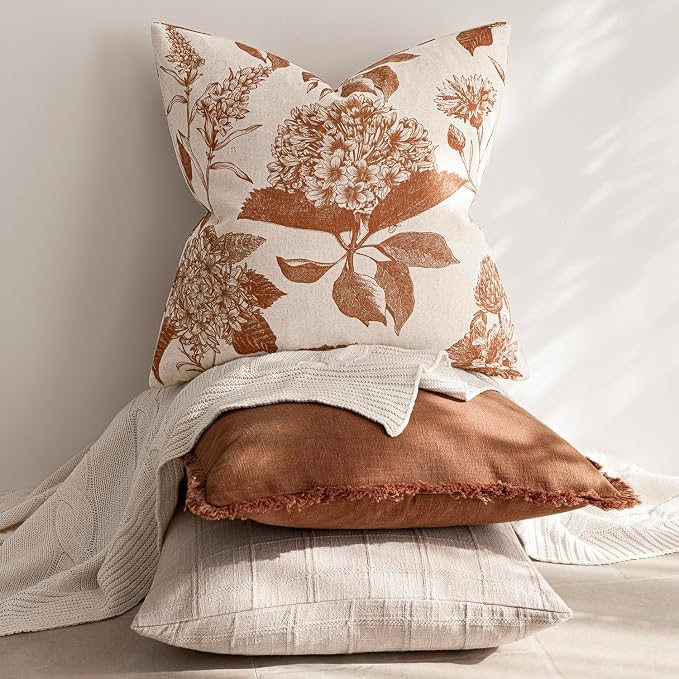 Foindtower Set of 2 Linen Floral Throw Pillow Covers Vintage Accent Print Decorative Cozy Cushion Covers Farmhouse Boho Home Decor for Sofa Chair Couch Bedroom Living Room,18×18 Inch,Autumn Orange