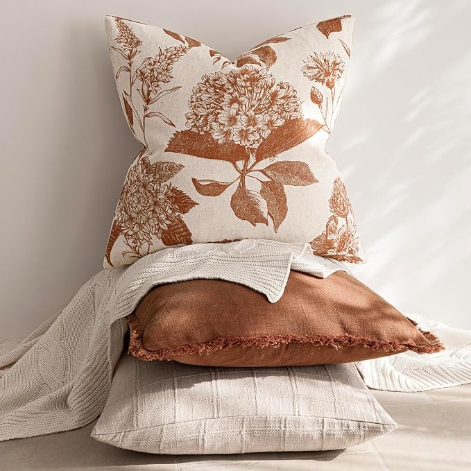 Foindtower Set of 2 Linen Floral Throw Pillow Covers Vintage Accent Print Decorative Cozy Cushion Covers Farmhouse Boho Home Decor for Sofa Chair Couch Bedroom Living Room,24×24 Inch,Autumn Orange