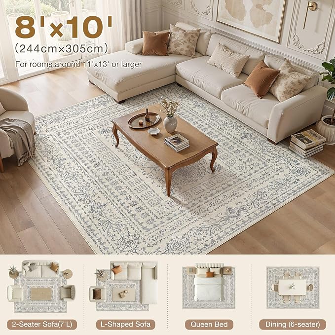 Nakagishi 8x10 Area Rugs Living Room: Washable Large Vintage Rug Neutral Non-Slip Soft Stain Resistant Indoor Carpet for Bedroom Nursery Dining Room Office Playroom - Blue/Beige