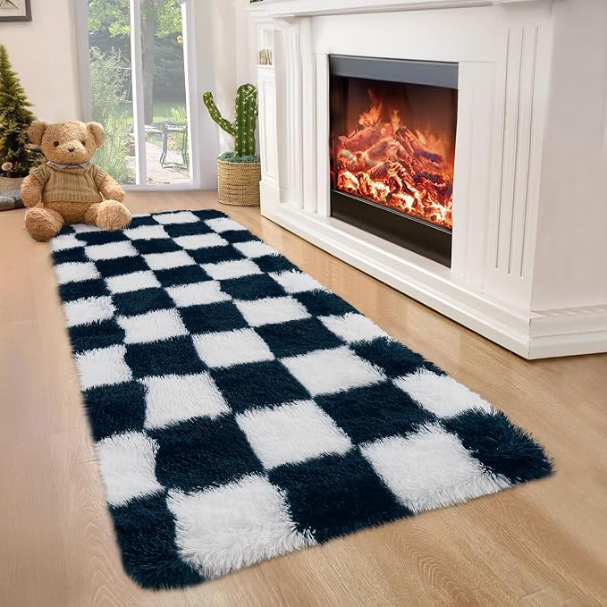Garvee Checkered Fluffy Runner Rugs 2x6 Fluffy Fuzzy Shag 2x6 Runner Rug for Hallyway Non-Slip Ultra Soft Checkered Fluffy Rugs for Girls Kids Room Shag Plush Rug for Teen Room Decor Bedroom,Blue
