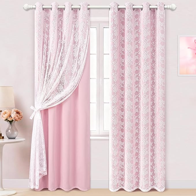 Yinhua Pink Curtains for Girls Room Double Layer Blackout Curtains for Bedroom 84 Inches Long Nursery Curtain for Living Room, Grommet Drapes with Tiebacks, 52" W x 84" L