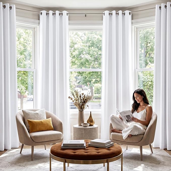 NICETOWN 100% Blackout Window Curtain Panels, Cold and Full Light Blocking Drapes with Black Liner for Nursery, 84 inches Drop Thermal Insulated Draperies (White, 2 Pieces, 52 Wide Each Panel)