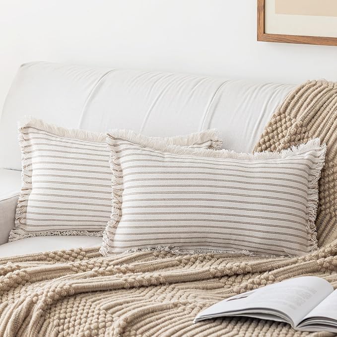 YEENAASY Throw Pillow Covers 12x20 Set of 2 Striped Fringe Pillow Cover Farmhouse Cushion Covers with Tassel Neutral Boho Pillows Decorative Square Pillowcase for Couch Sofa Bed, Khaki