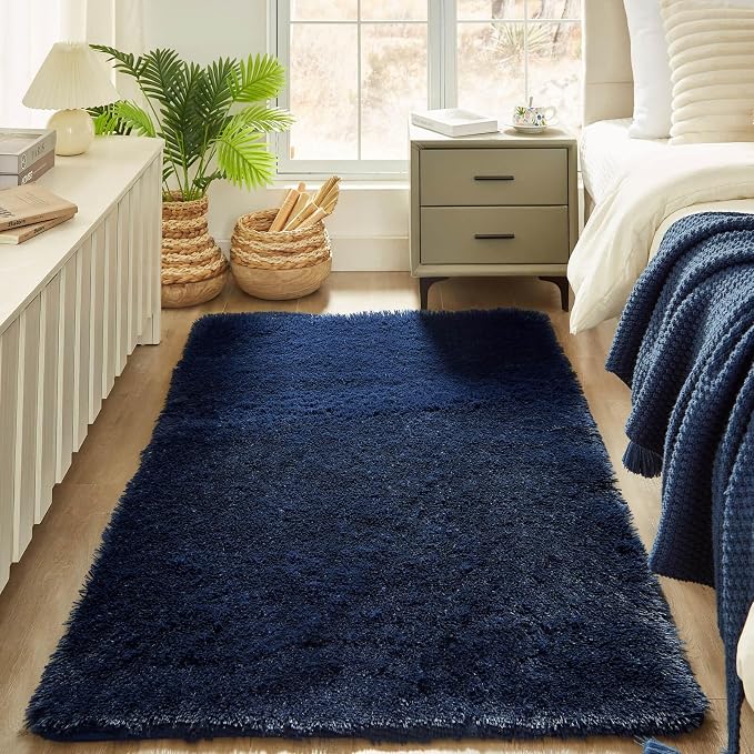 Floralux Area Rugs for Bedroom Living Room, 4x6 Rug, Dark Blue, Fluffy Fuzzy Carpet, Shag Plush Carpets for Nursery Kids Room, Home Dorm Decor Aesthetic