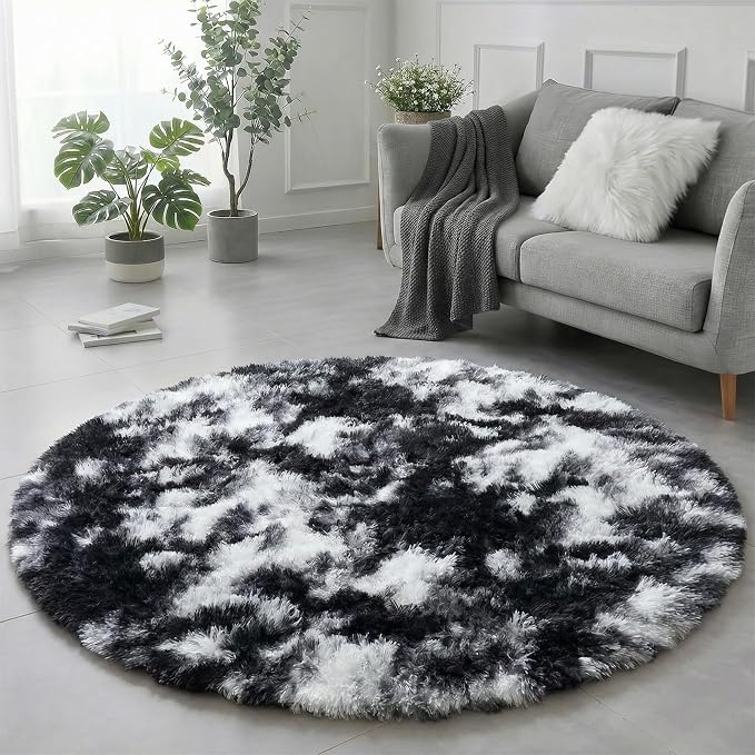 Amdrebio Black White Grey Circle Rug 6Ft Round Area Rugs for Living Room Bedroom, Fluffy Fuzzy Shaggy Furry Rugs for Home Office Kids Room Dorm, Plush Modern Cool Floor Shag Carpet for Men Teen Boys