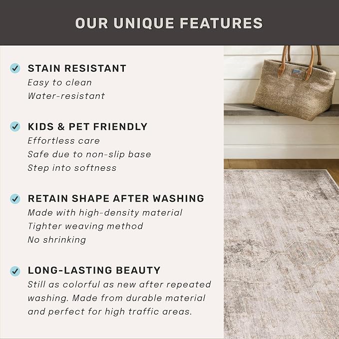 Washable Beige Brown Rugs for Entryway Indoor - 3x4 Throw Rug for Large Kitchen, Bedroom Bedside, Bathroom, Mudroom, Mordern Abstract Medallion Décor, Non Slip Low Pile Fade Resistant