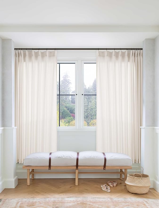 Natural Pinch Pleated Linen Curtains 72 Inches Long 72 Inch Wide | Semi Sheer Light Filtering, Shower Curtain 72x72, for Living Room Bathroom Bath, Boho Neutral, Pinch Pleat Drape, Hooks Rings