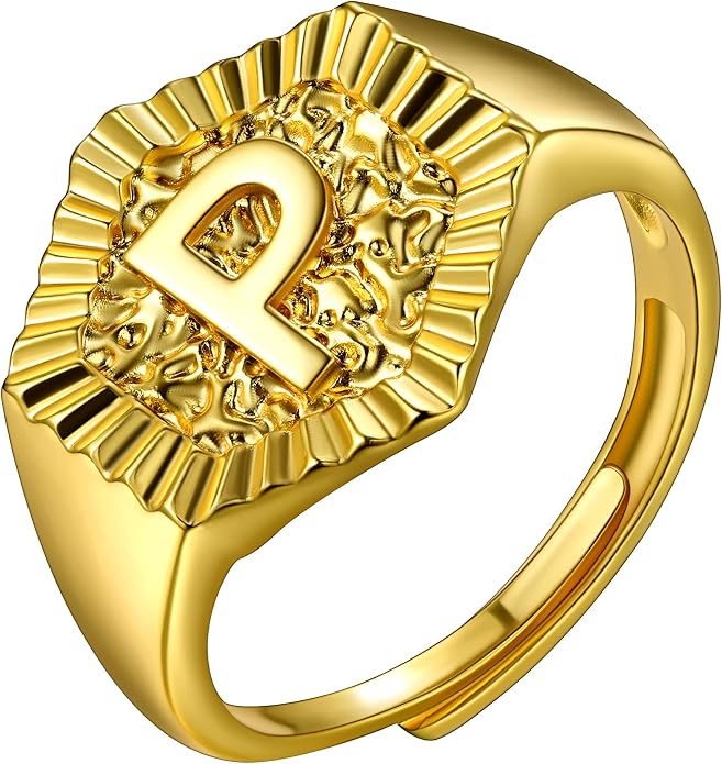 U7 Initial Ring Wedding Band for Men Women 18K Gold Plated Statement Hexagon A-Z Letter Jewelry Personalized Stackable Signet Rings