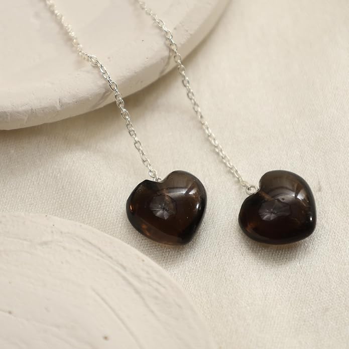 Gemstone Heart Shaped Threader Earrings in 925 Sterling Silver, Pull Through Adjustable, Versatile & Trendy, Perfect Valentine's Gift for Women, Choice of Gemstone Available