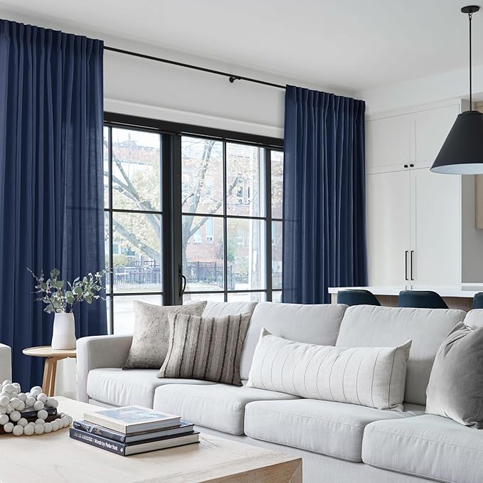 Navy Blue Curtains 84 inch Length for Bedroom Back Tab Light Filtering Semi Sheer Blue Living Room Curtains Linen Cotton Textured Indigo Blue Drapery Panel Modern Aesthetic Decor 42" Wx84 L