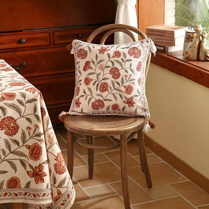 ISAENNE Vintage Elegant Linen Square Throw Pillow Cover,18"x18"-Albano A | Designer French Pillow Cover,Concealed Zipper Design,Orange Floral Pattern,Sofa,Bedroom,Living Room,Lounge Chairs
