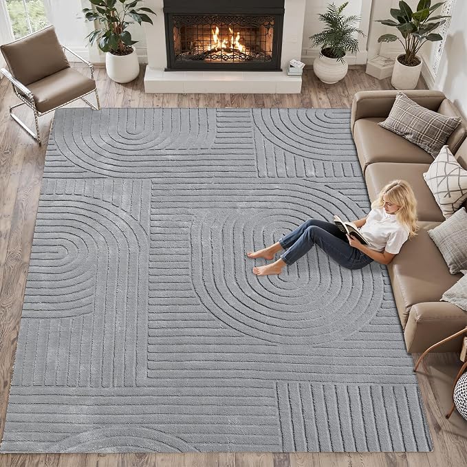 Grey Solid Area Rug 8x10 – Large Washable Soft Indoor Rugs for Living Room Bedroom, Modern Geometric Bohemian Pattern High-Low Pile Textured Carpet for House Apartment, Home Office Decor