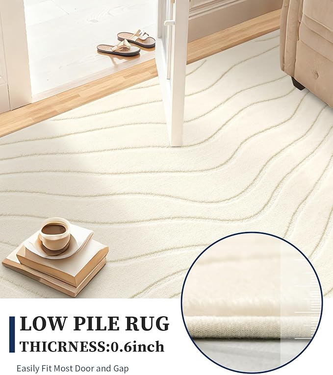 YIHOUSE 6x9 Abstract Wave Striped Area Rug, Modern Washable High-Low Pile Rug, Soft Textured Carpet for Living Room, Bedroom,Dining Room, Beige Ivory White