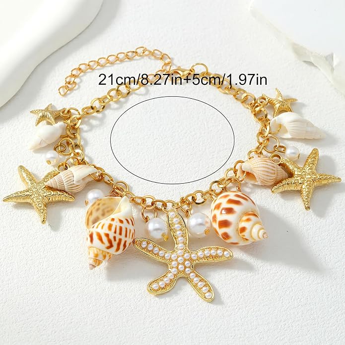 Qceasiy Shell Ankle Bracelet Set for Women, Gold Plated Boho Bead Adjustable Anklet, Hawaiian Beach Seashell Pearl Heart Starfish Conch Foot Jewelry Gifts
