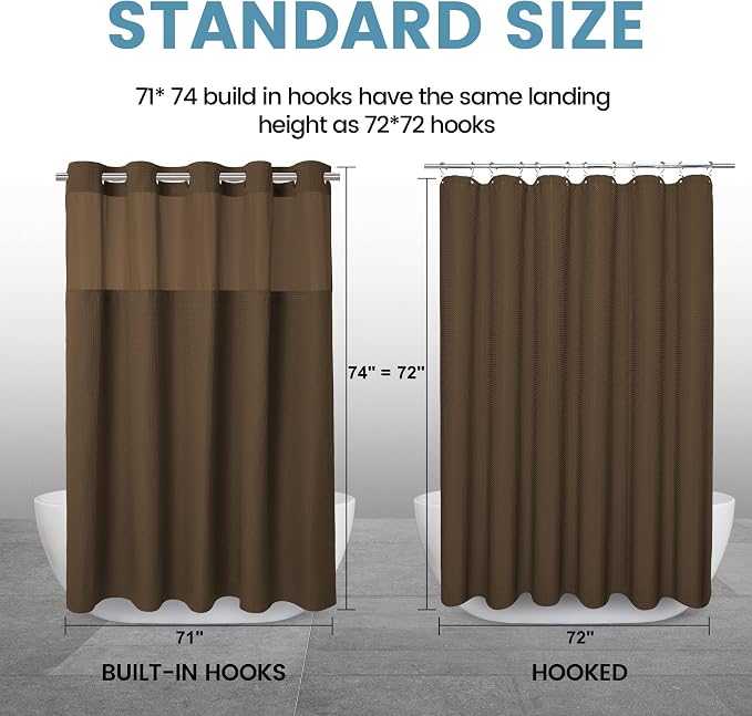 EUTXL Heavyweight Brown No Hook Shower Curtain with Snap in Liner,256GSM Waffle Weave Shower Curtains for Bathroom,71W x 74H