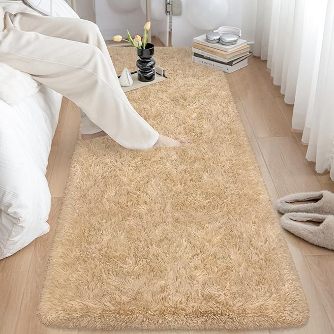 2x6 ft Beige Runner Rugs for Bedroom Living Room, Soft Plush Fluffy Throw Rug Shag Runner Carpet for Hallways Non Slip, Washable Light Beige Rug Carpet for Nursery Kids Girls Room Home Decor