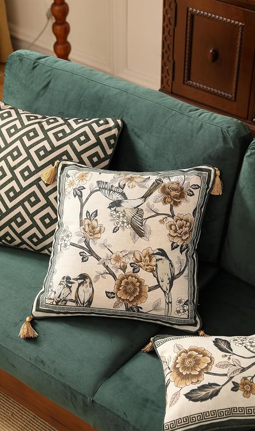ISAENNE Vintage Elegant Linen Square Throw Pillow Cover,18"x18"-Murad A | Designer French Decor Pillow Cover,Concealed Zipper Design,Floral and Bird Pattern,Sofa,Bedroom,Living Room,Lounge Chairs
