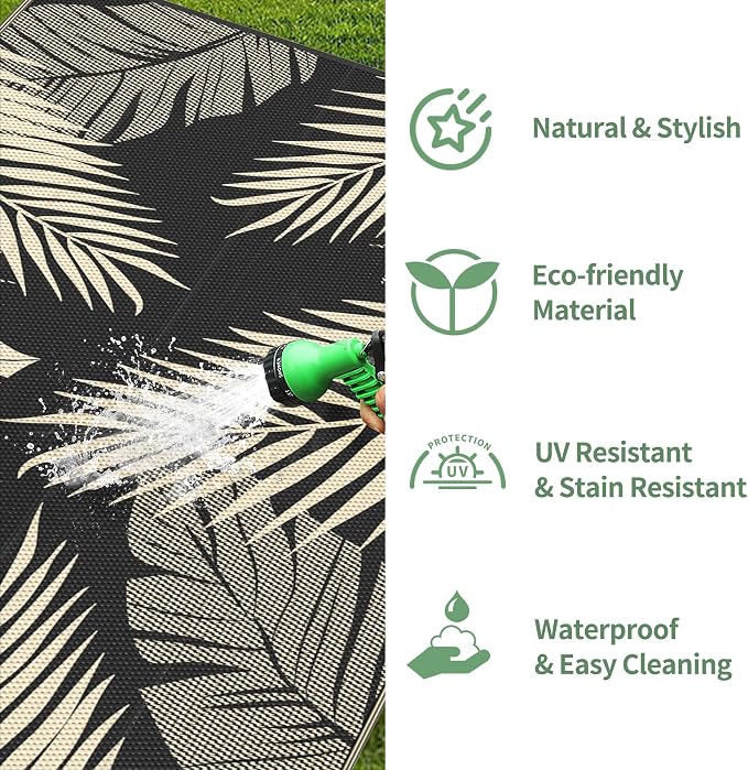 GENIMO Outdoor Rug, Waterproof Plastic Runner Rugs, 2.5'x8' Black Beige | Outside Leaf Carpet Mat for Patio Decor, Porch, Deck, Balcony, Camping, RV, Picnic, Beach, Reversible, Foldable, Lightweight