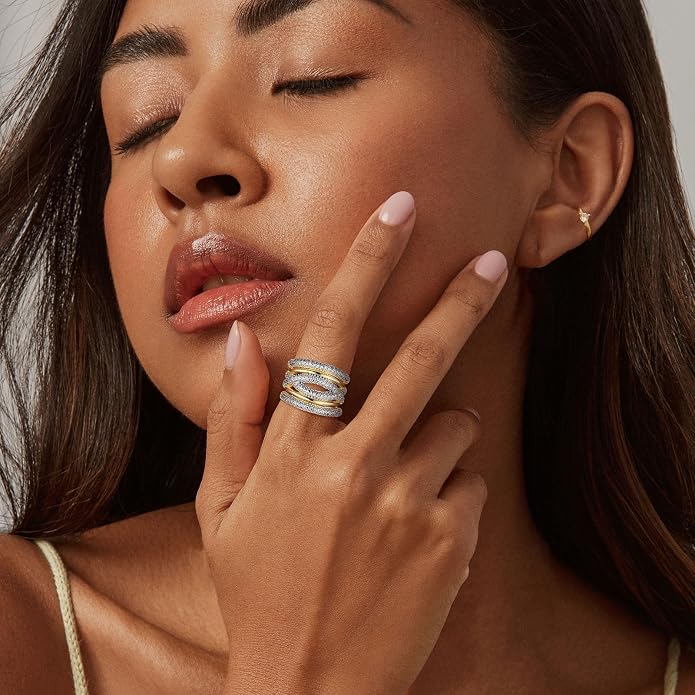 HZMAN 14K Gold Plated Brass Open Ring Collection for Women, Non-Adjustable Crystal Inlay Statement Rings, Wide Band Cocktail Jewelry Assorted Styles