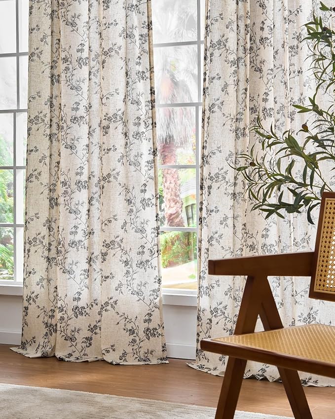 Lazzzy Farmhouse Linen Curtains Black Floral Curtains 96 Inch Length Back Tab Drapes for Living Room Bedroom Light Filtering Country Vintage Rod Pocket, 2 Panels, Black on Beige