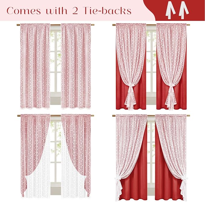 ASPMIZ Linen Curtains for Living Room Double Layers Curtains for Bedroom Farmhouse Window Curtain with Linen Lace, Light Filtering Curtain 63 Inch Length, Rod Pocket Drape with 2 Tiebacks, Red