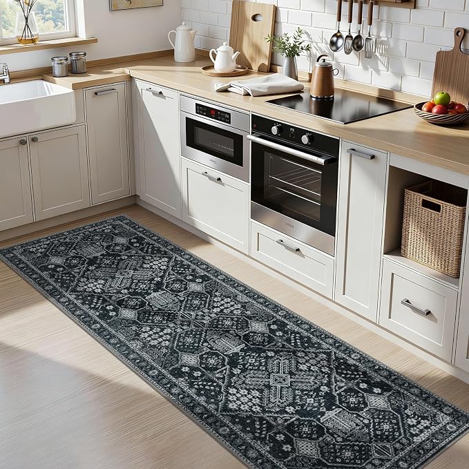 Joydeco Washable 2x6 Hallway Runner Vintage, Dark Gray&Light Gray&Black | Water Resistant Low Pile Non Slip Backing for Kitchen Entryway Bedroom Bathroom Dining Room
