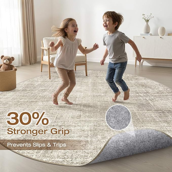 7ft Round Rug Living Room: 7x7 Washable Large Neutral Brown Circle Area Rug Abstract Soft Modern Stain Resistant Indoor Floor Non-Slip Carpet for Bedroom Nursery Kids Office Playroom Dining Room