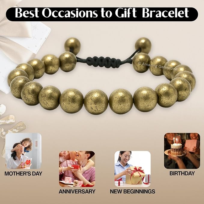 Amazing Gemstone Pyrite Bracelet, Gifts for Men & Women - Protection Healing Crystal Bracelet - 8mm Gemstone Beaded Adjustable Bracelet, Pulseras para Hombres Mujer Stocking Stuffers
