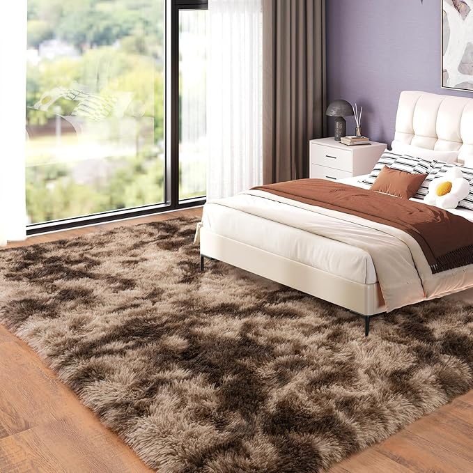 Dssimo Brown Rug for Bedroom Living Room, 9x12 Soft Shaggy Area Rugs | Large Plush Furry Non-Slip Brown and Cream Rug for Nursery Kids Room Dorm Room Home Decor, Indoor Plush Floor Carpet